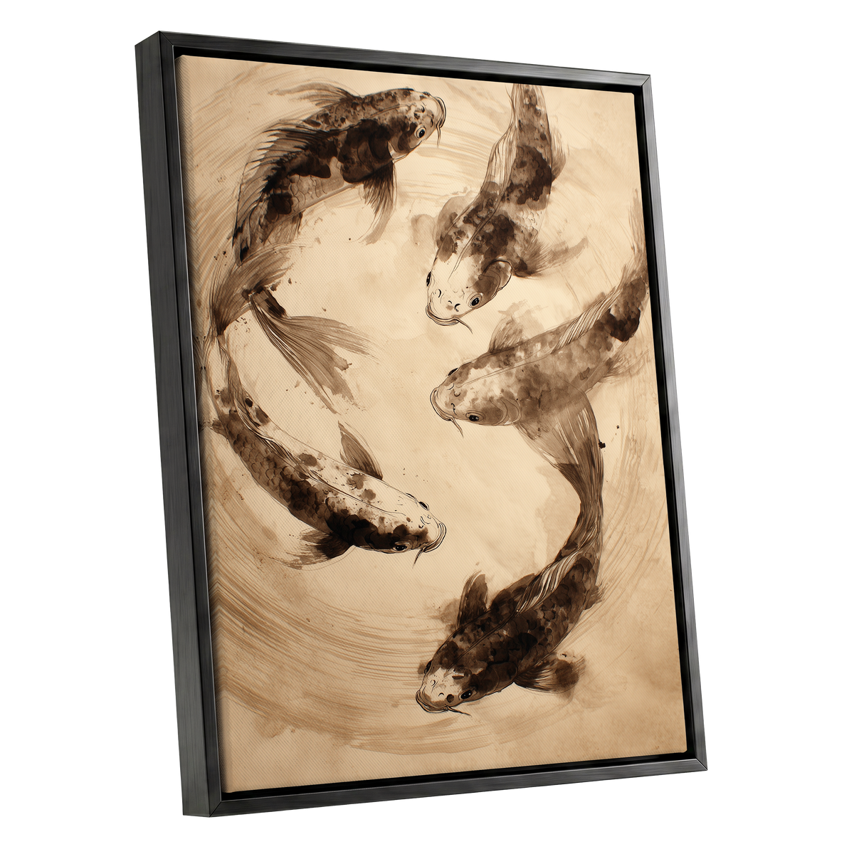 Whirling Sable Shoal, beige, brown, black nature wall art shown as a black framed canvas wall art
