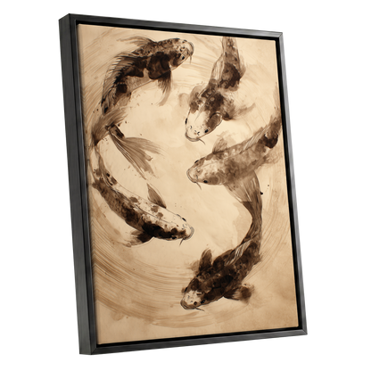 Whirling Sable Shoal, beige, brown, black nature wall art shown as a black framed canvas wall art