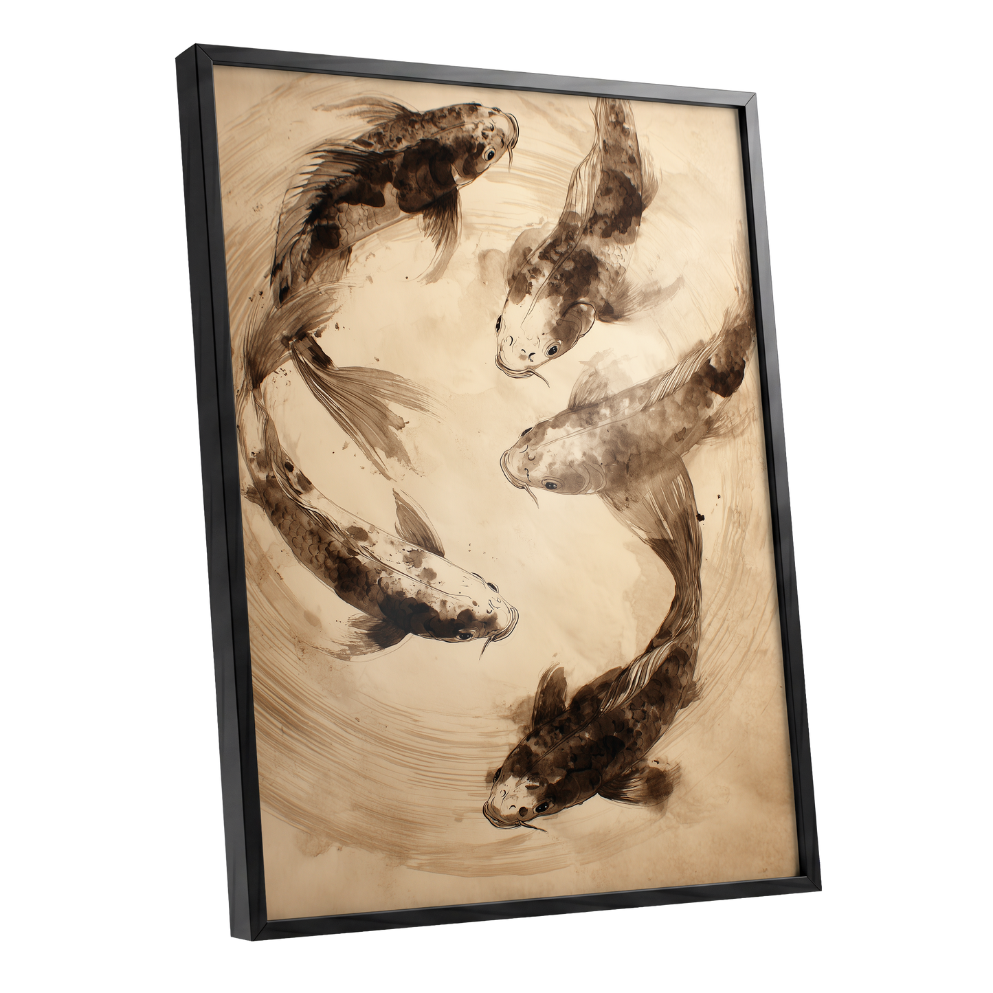 Whirling Sable Shoal, beige, brown, black nature wall art shown as a black framed poster wall art print