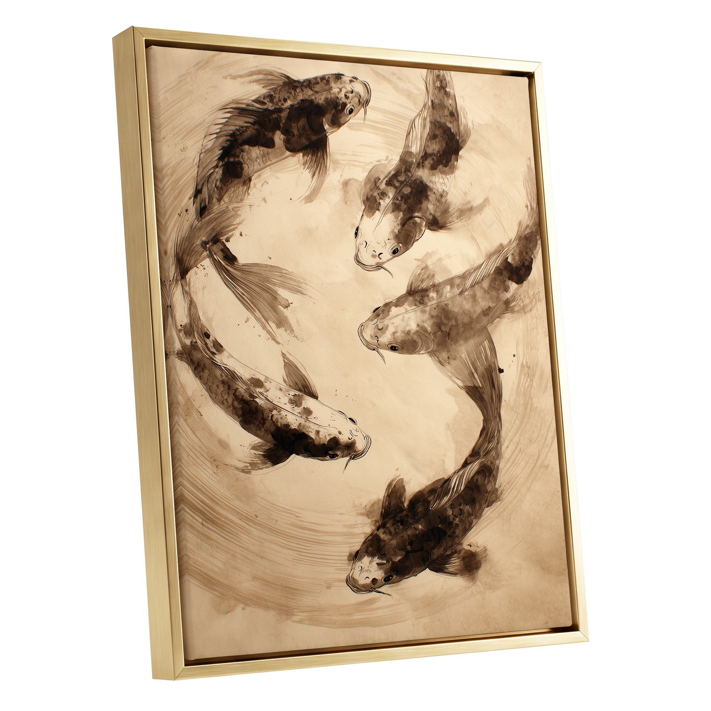 Whirling Sable Shoal, beige, brown, black nature wall art shown as a gold framed canvas wall art