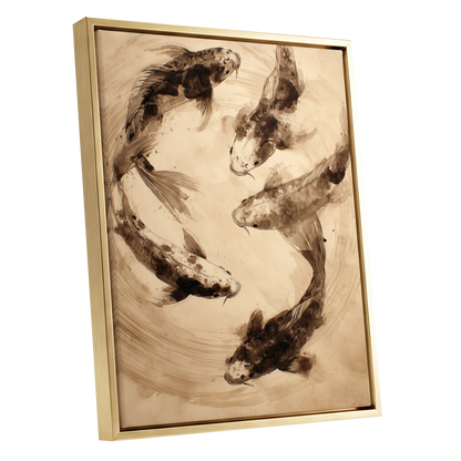 Whirling Sable Shoal, beige, brown, black nature wall art shown as a gold framed canvas wall art
