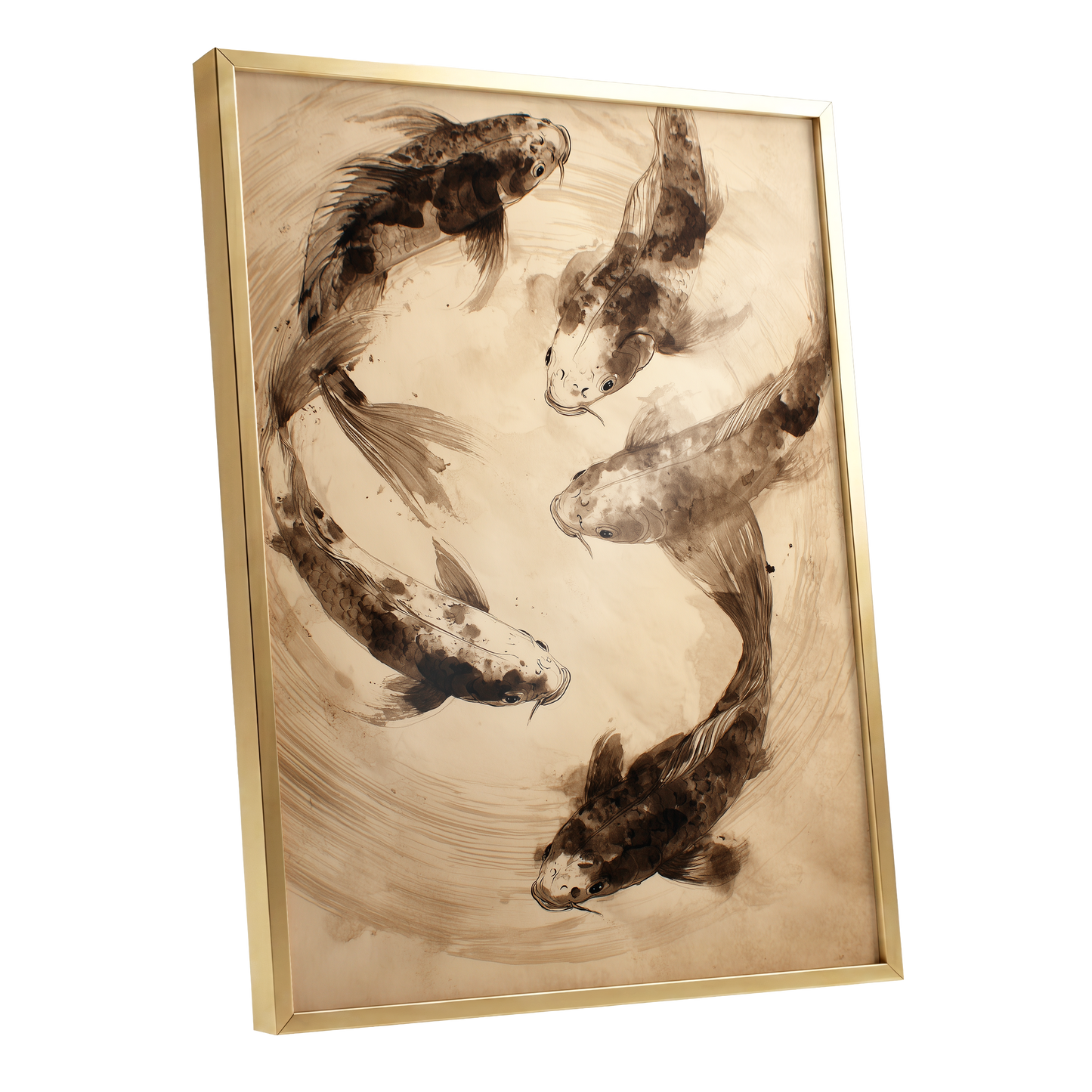 Whirling Sable Shoal, beige, brown, black nature wall art shown as a gold framed poster wall art print