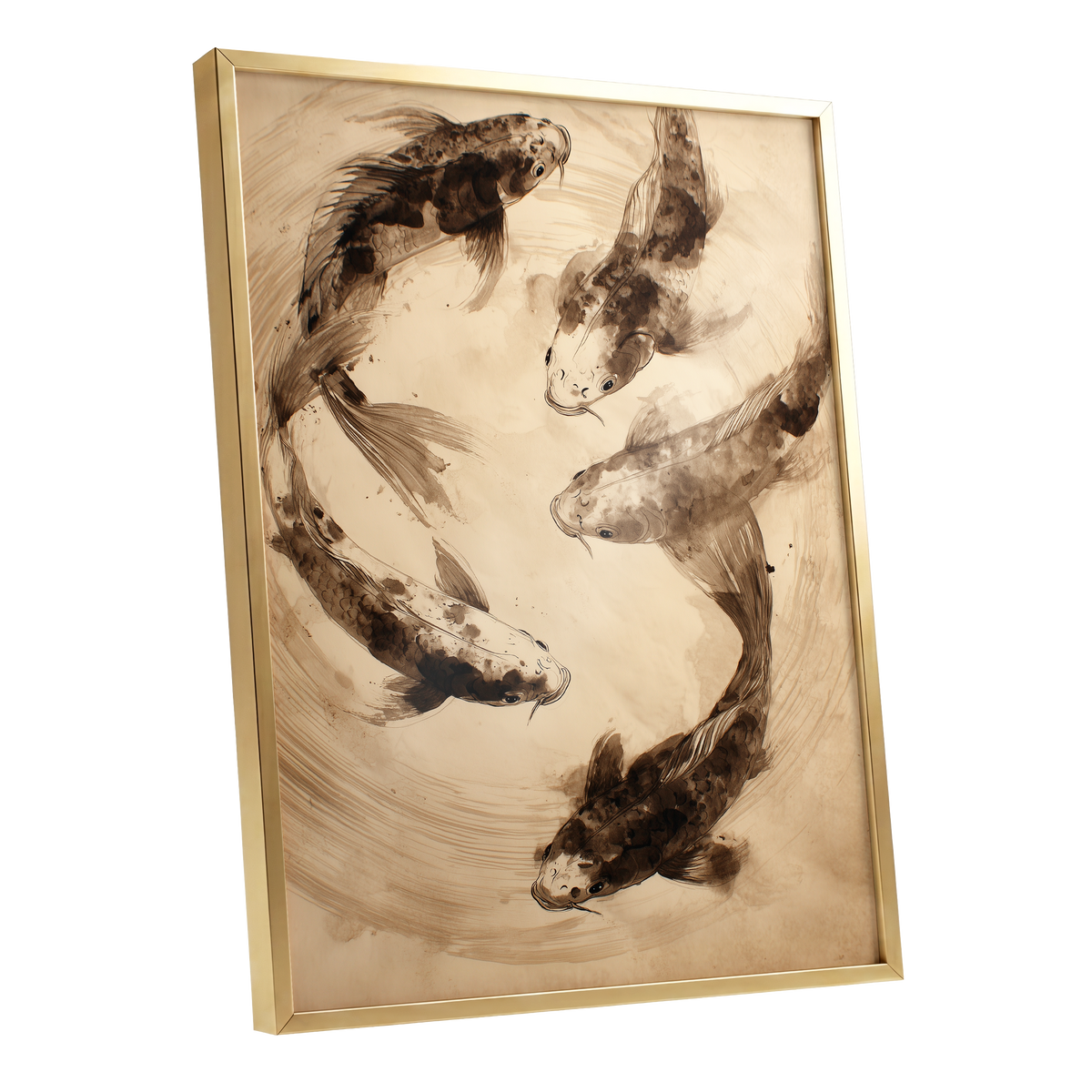 Whirling Sable Shoal, beige, brown, black nature wall art shown as a gold framed poster wall art print