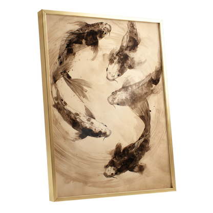 Whirling Sable Shoal, beige, brown, black nature wall art shown as a gold framed poster wall art print