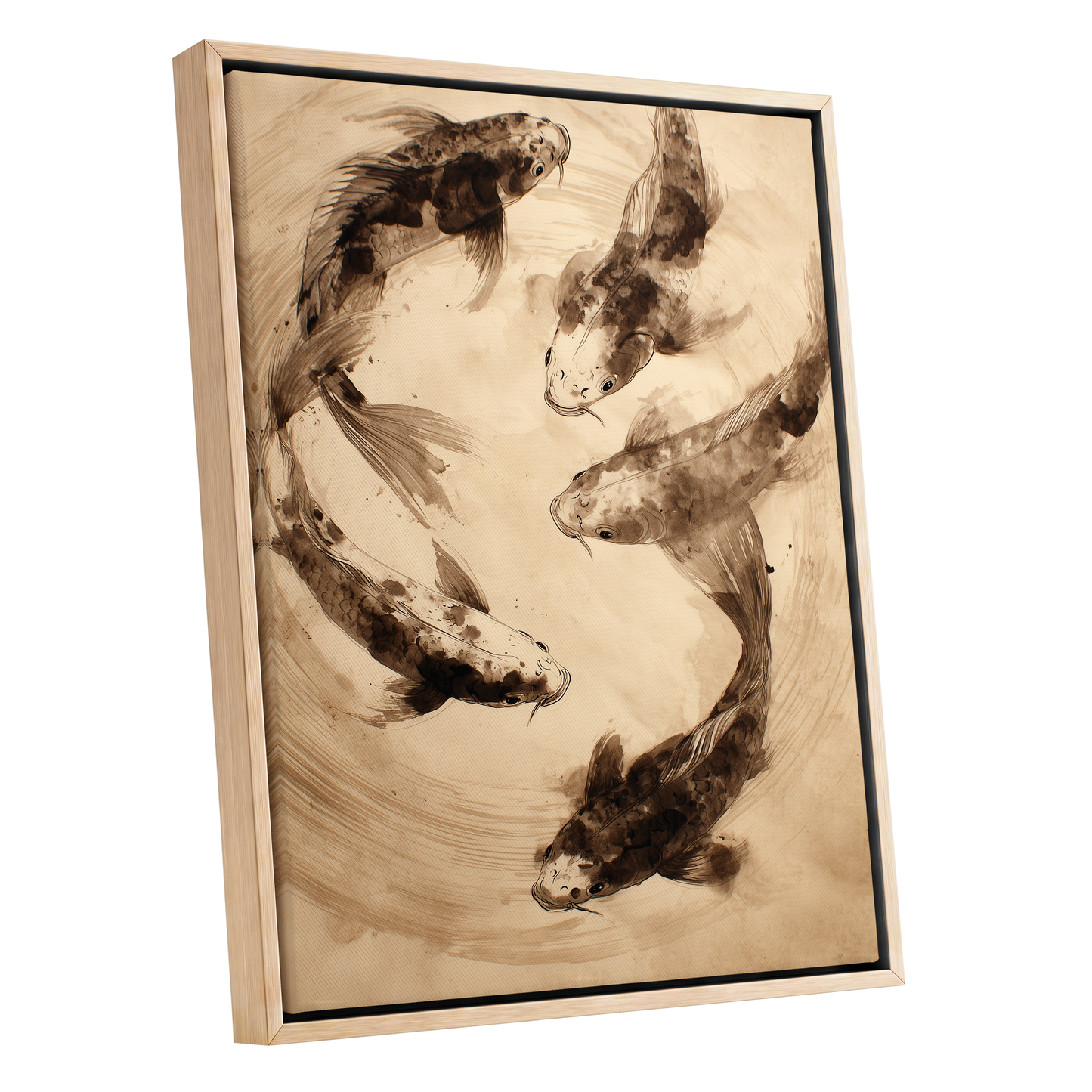 Whirling Sable Shoal, beige, brown, black nature wall art shown as a oak framed canvas wall art