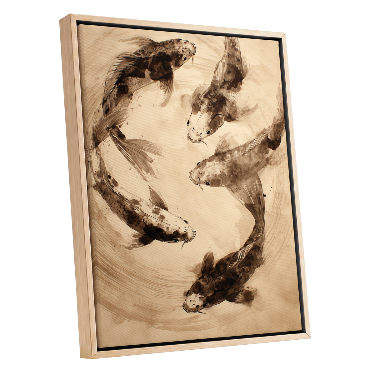 Whirling Sable Shoal, beige, brown, black nature wall art shown as a oak framed canvas wall art