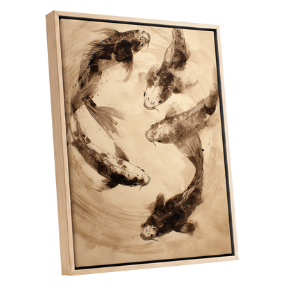 Whirling Sable Shoal, beige, brown, black nature wall art shown as a oak framed canvas wall art