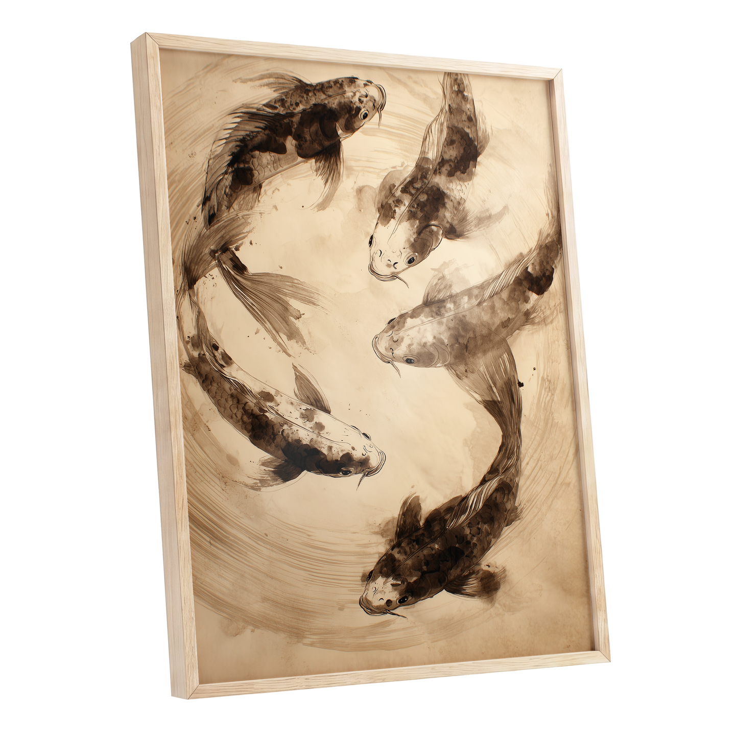 Whirling Sable Shoal, beige, brown, black nature wall art shown as a oak framed poster wall art print