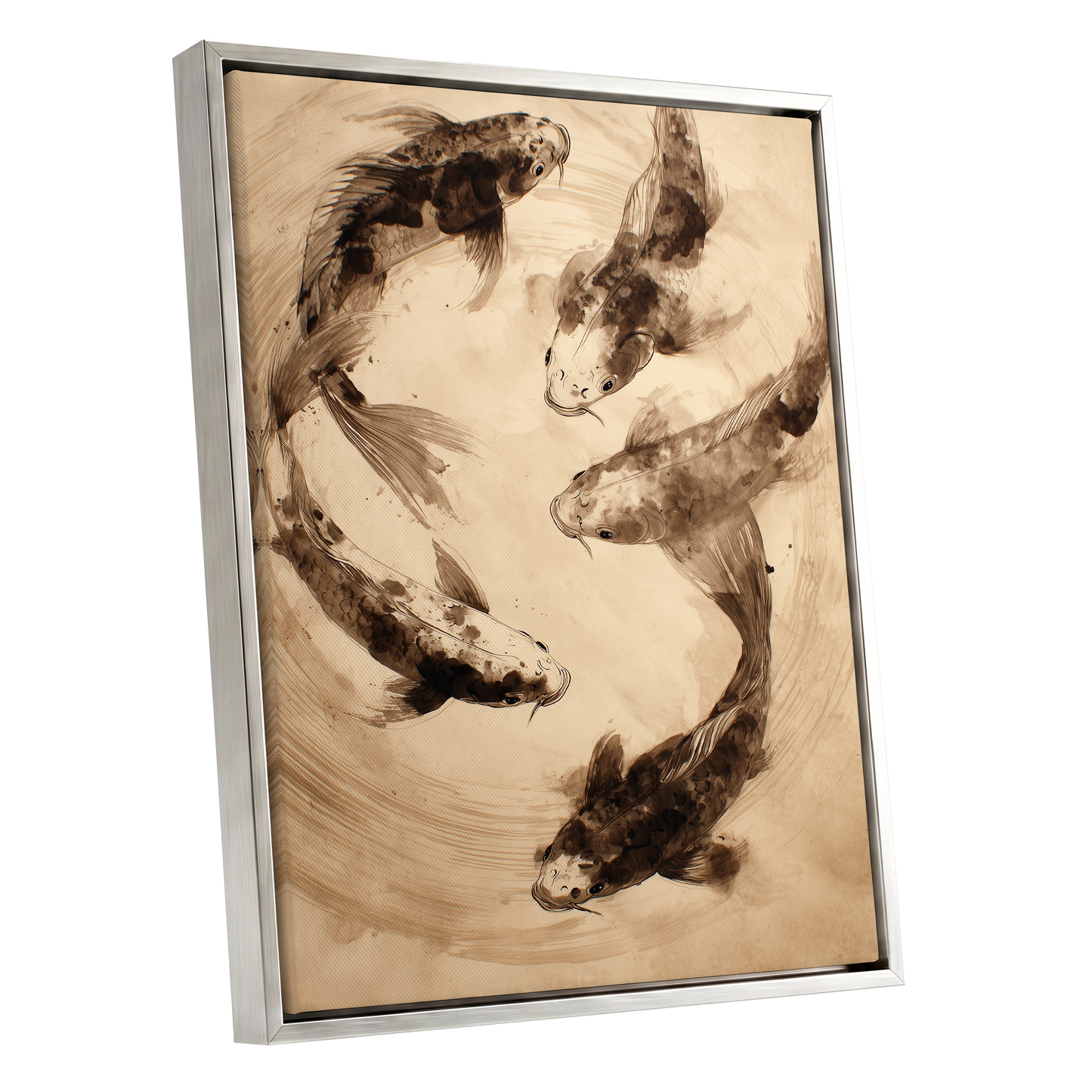 Whirling Sable Shoal, beige, brown, black nature wall art shown as a silver framed canvas wall art