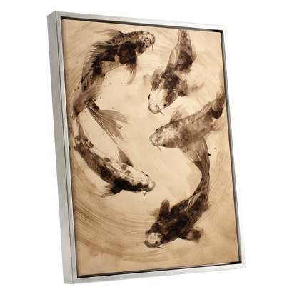 Whirling Sable Shoal, beige, brown, black nature wall art shown as a silver framed canvas wall art