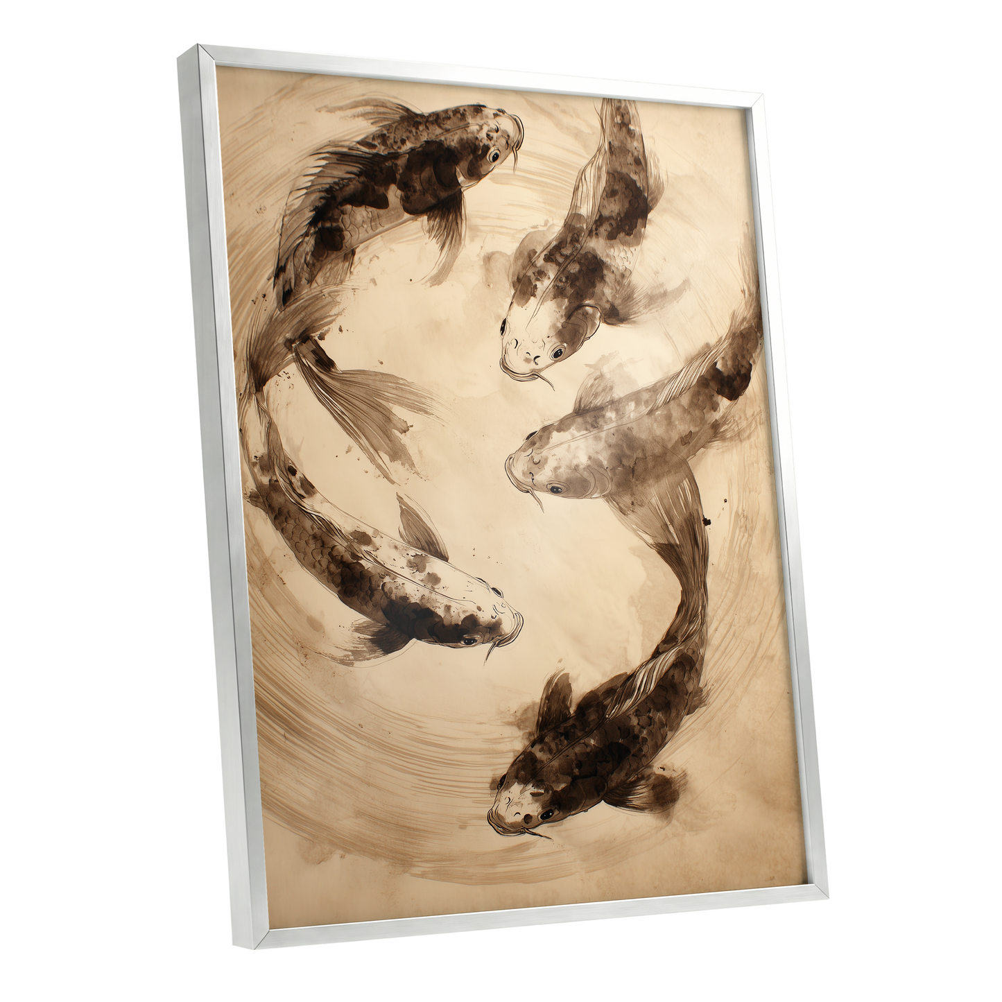 Whirling Sable Shoal, beige, brown, black nature wall art shown as a silver framed poster wall art print