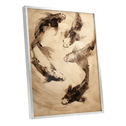 Whirling Sable Shoal, beige, brown, black nature wall art shown as a silver framed poster wall art print