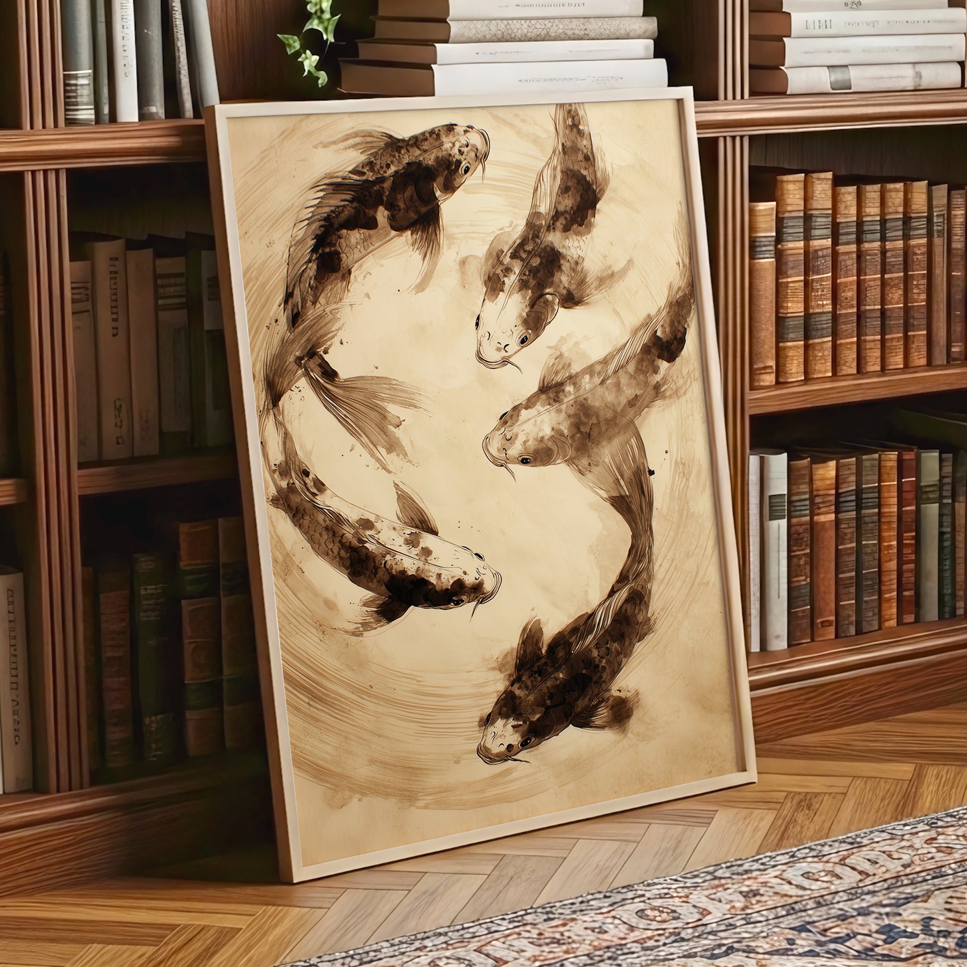Whirling Sable Shoal, beige, brown, black nature wall art displayed in a styled interior, gallery view 2