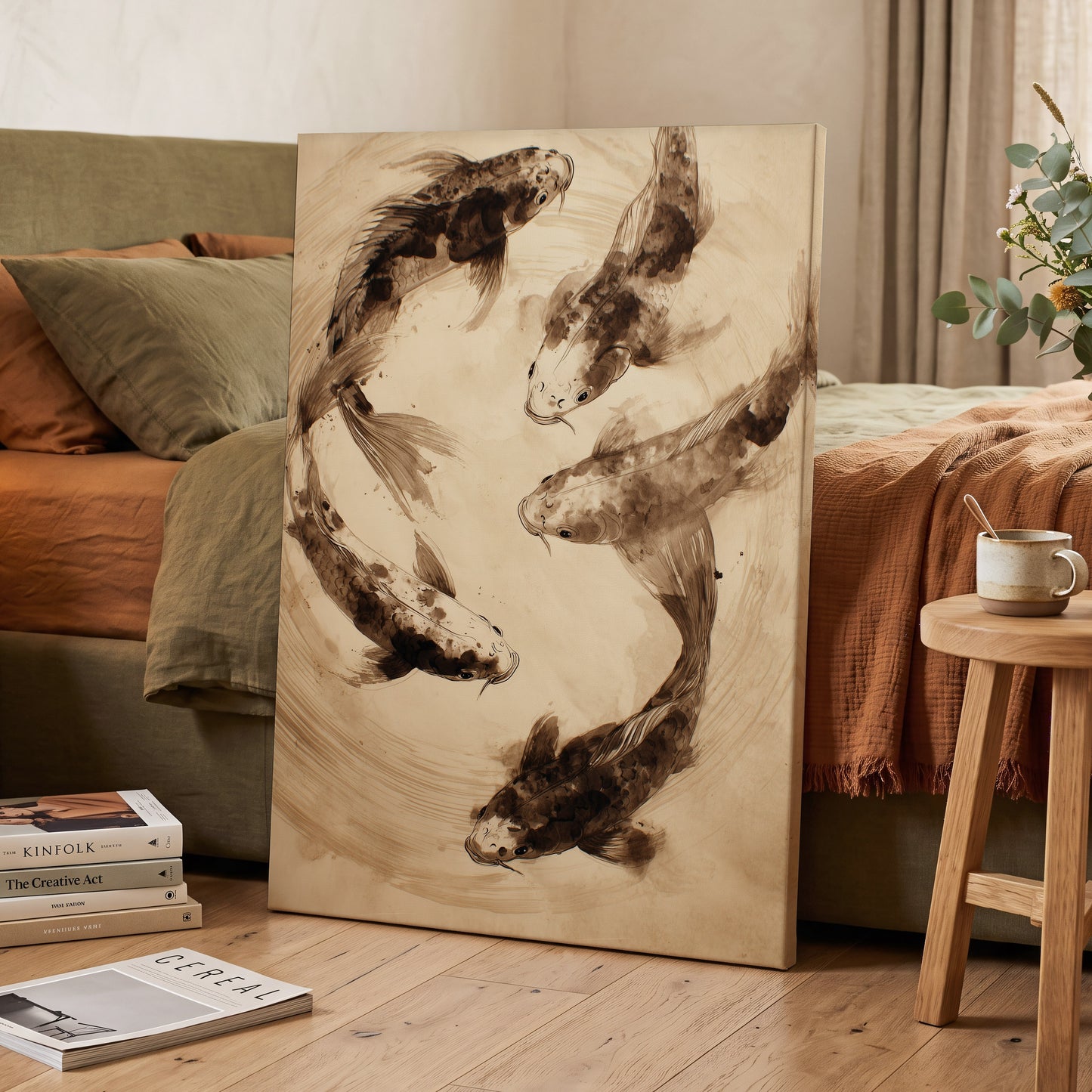 Whirling Sable Shoal, beige, brown, black nature wall art displayed in a styled interior, gallery view 3