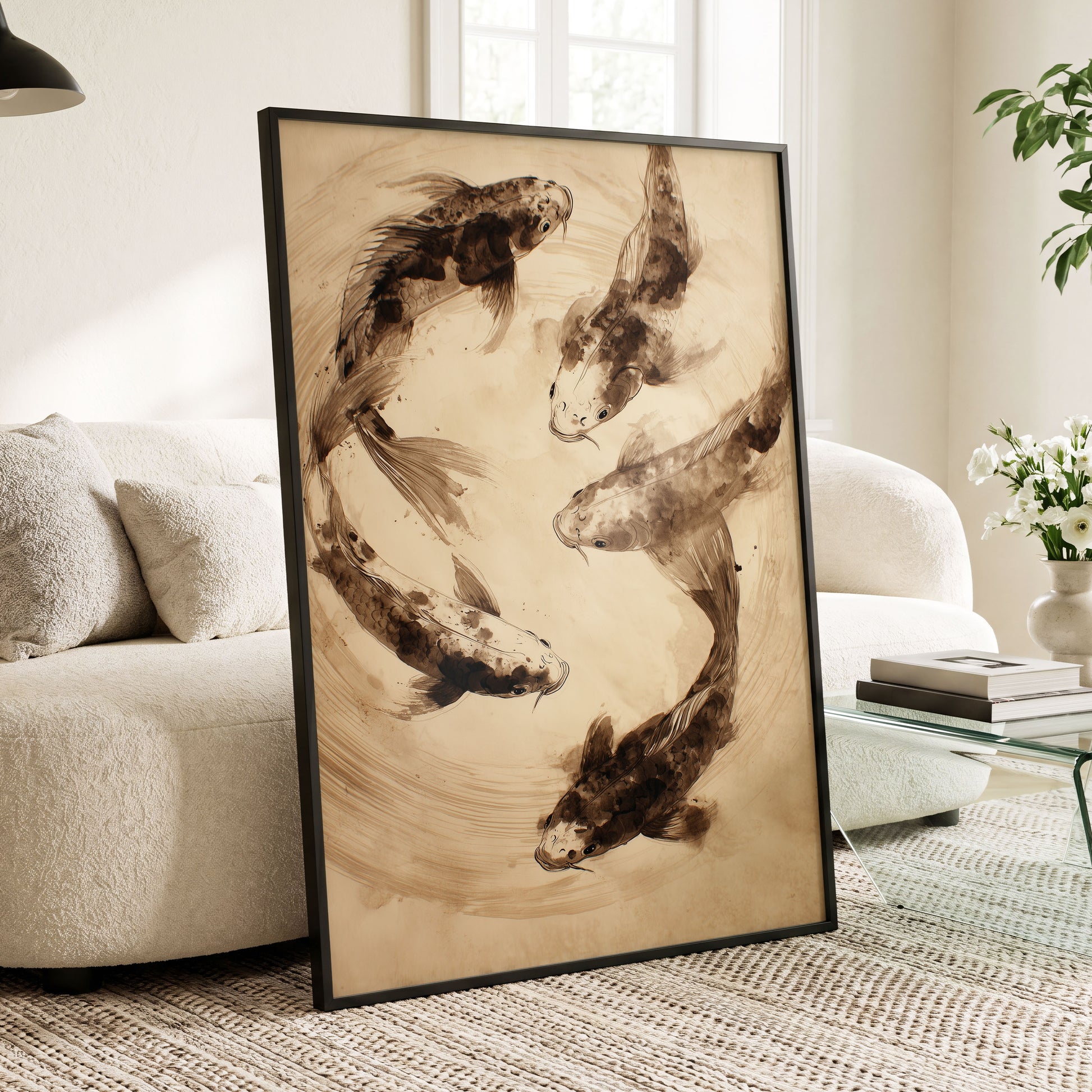 Whirling Sable Shoal, beige, brown, black nature wall art displayed in a styled interior, gallery view 6
