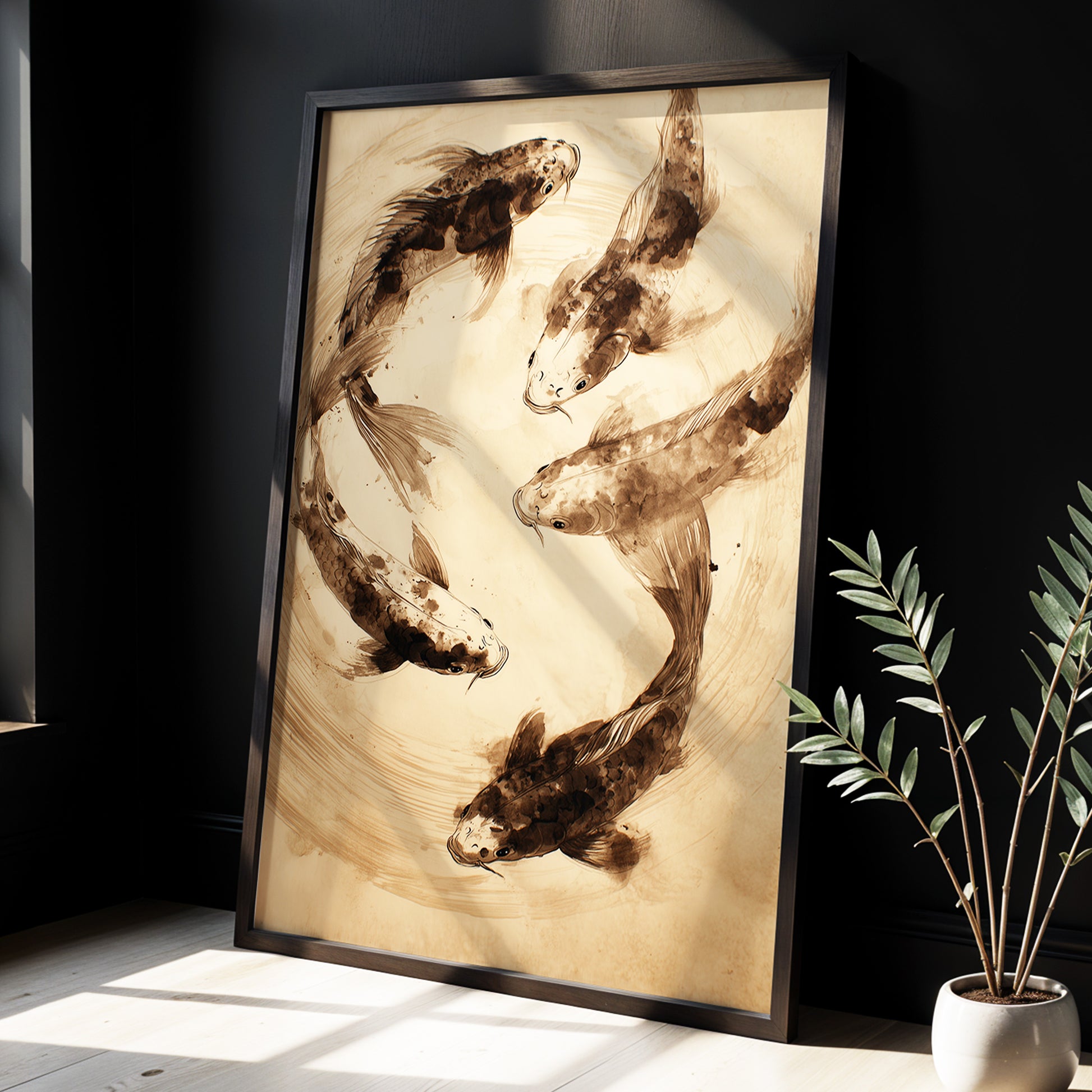 Whirling Sable Shoal, beige, brown, black nature wall art displayed in a styled interior, gallery view 9