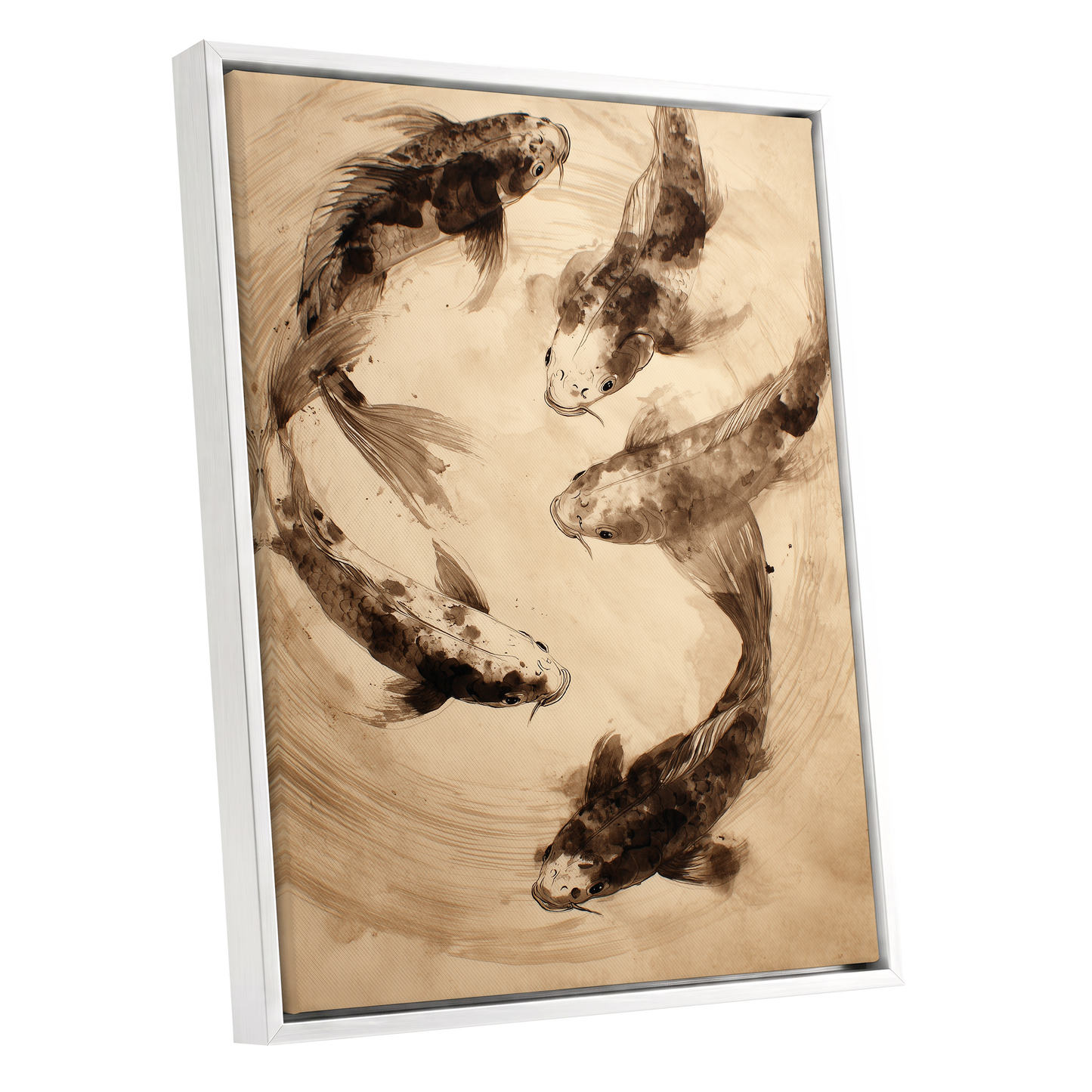 Whirling Sable Shoal, beige, brown, black nature wall art shown as a white framed canvas wall art