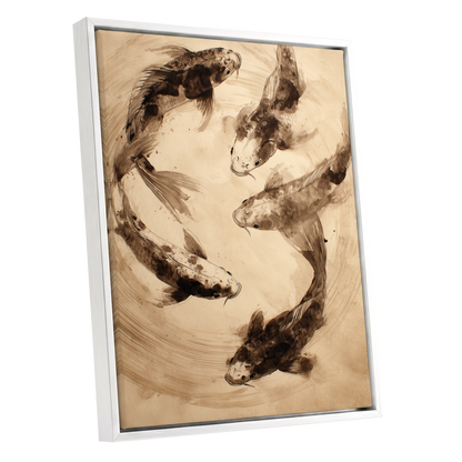 Whirling Sable Shoal, beige, brown, black nature wall art shown as a white framed canvas wall art