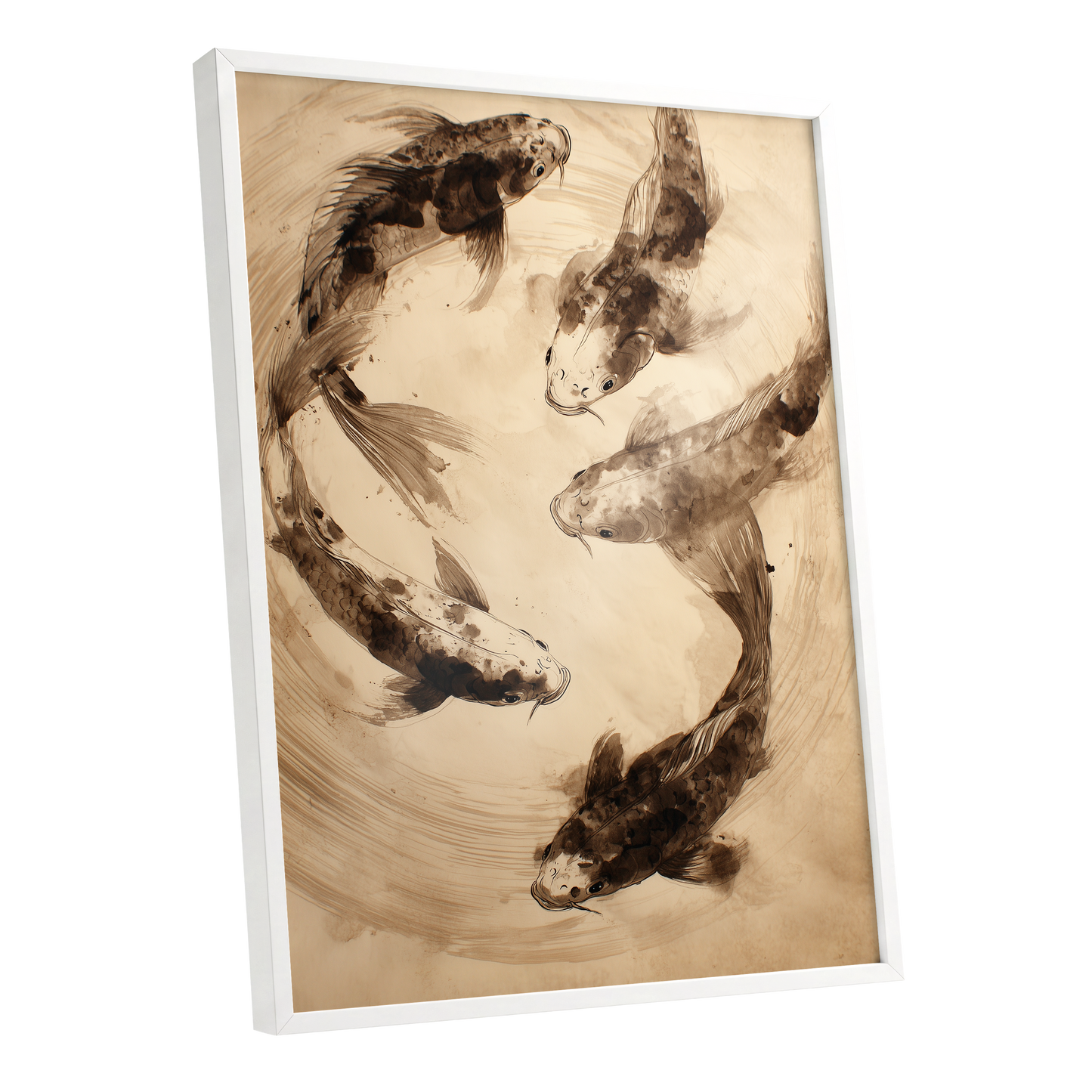 Whirling Sable Shoal, beige, brown, black nature wall art shown as a white framed poster wall art print
