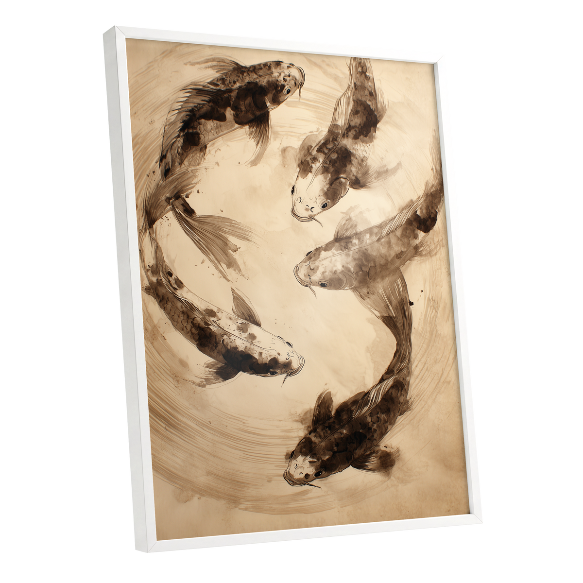 Whirling Sable Shoal, beige, brown, black nature wall art shown as a white framed poster wall art print
