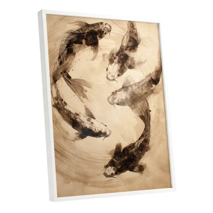 Whirling Sable Shoal, beige, brown, black nature wall art shown as a white framed poster wall art print
