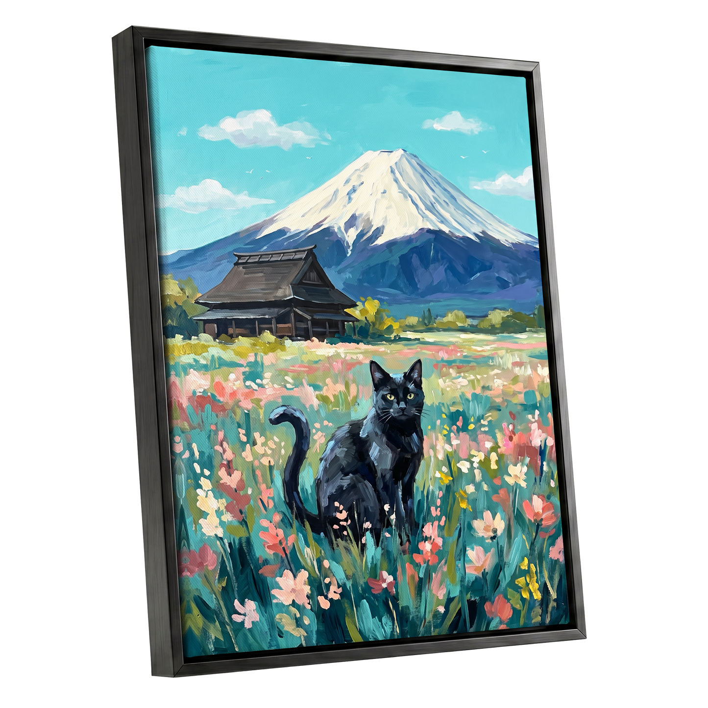 Whiskers Beneath the Peak, blue, green, pink nature wall art shown as a black framed canvas wall art