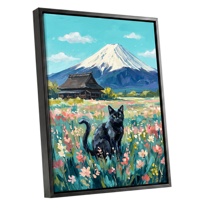 Whiskers Beneath the Peak, blue, green, pink nature wall art shown as a black framed canvas wall art