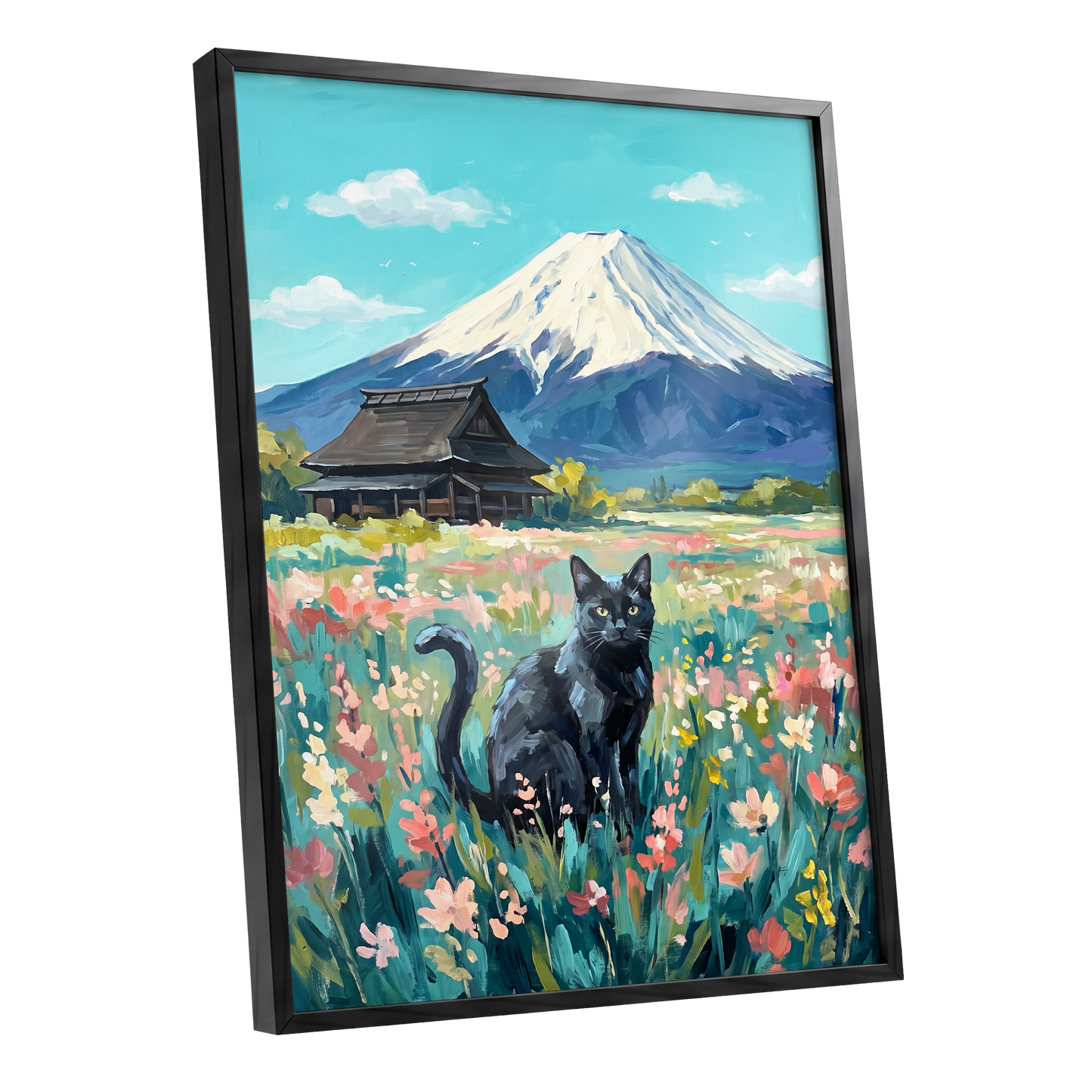 Whiskers Beneath the Peak, blue, green, pink nature wall art shown as a black framed poster wall art print
