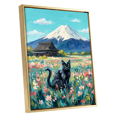 Whiskers Beneath the Peak, blue, green, pink nature wall art shown as a gold framed canvas wall art
