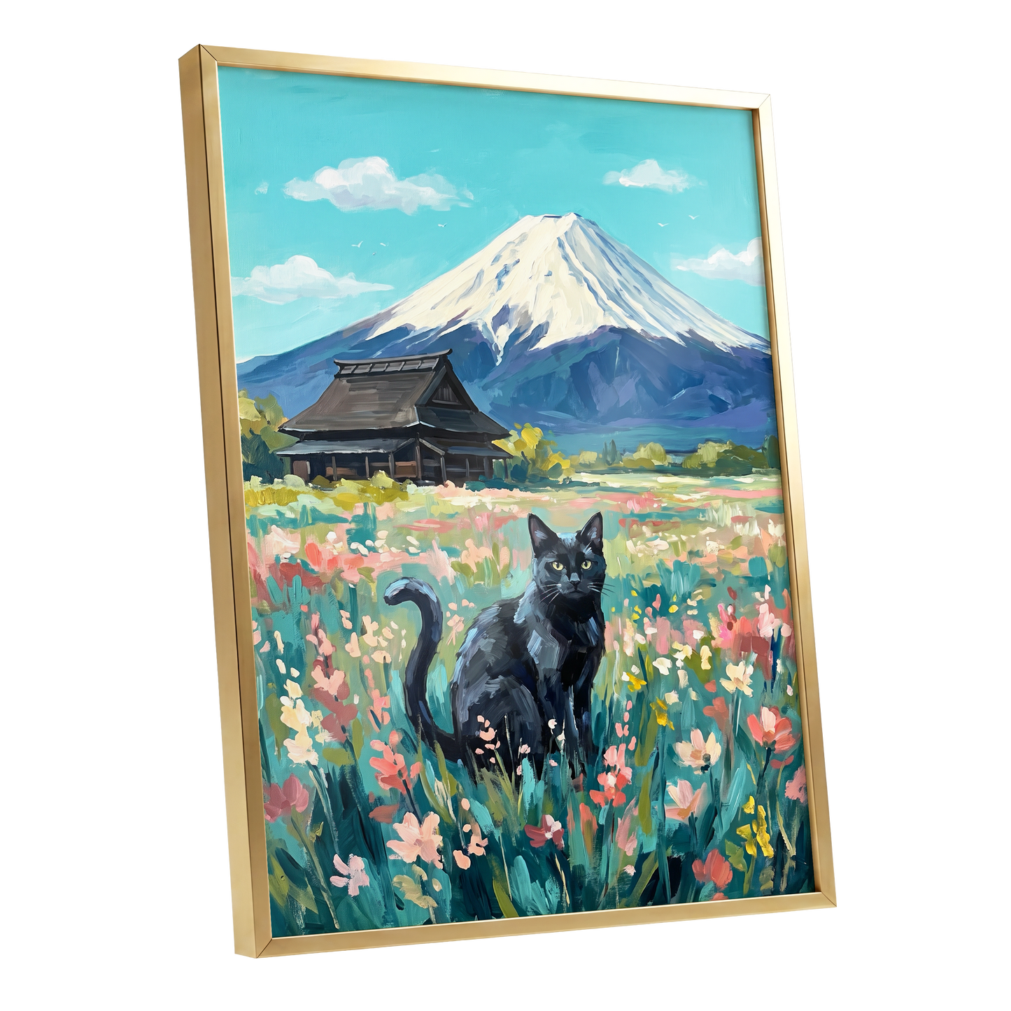 Whiskers Beneath the Peak, blue, green, pink nature wall art shown as a gold framed poster wall art print