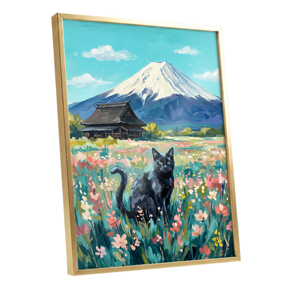Whiskers Beneath the Peak, blue, green, pink nature wall art shown as a gold framed poster wall art print
