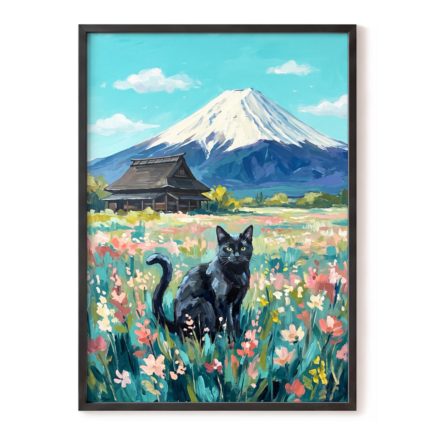 Whiskers Beneath the Peak, blue, green, pink nature wall art, front artwork view