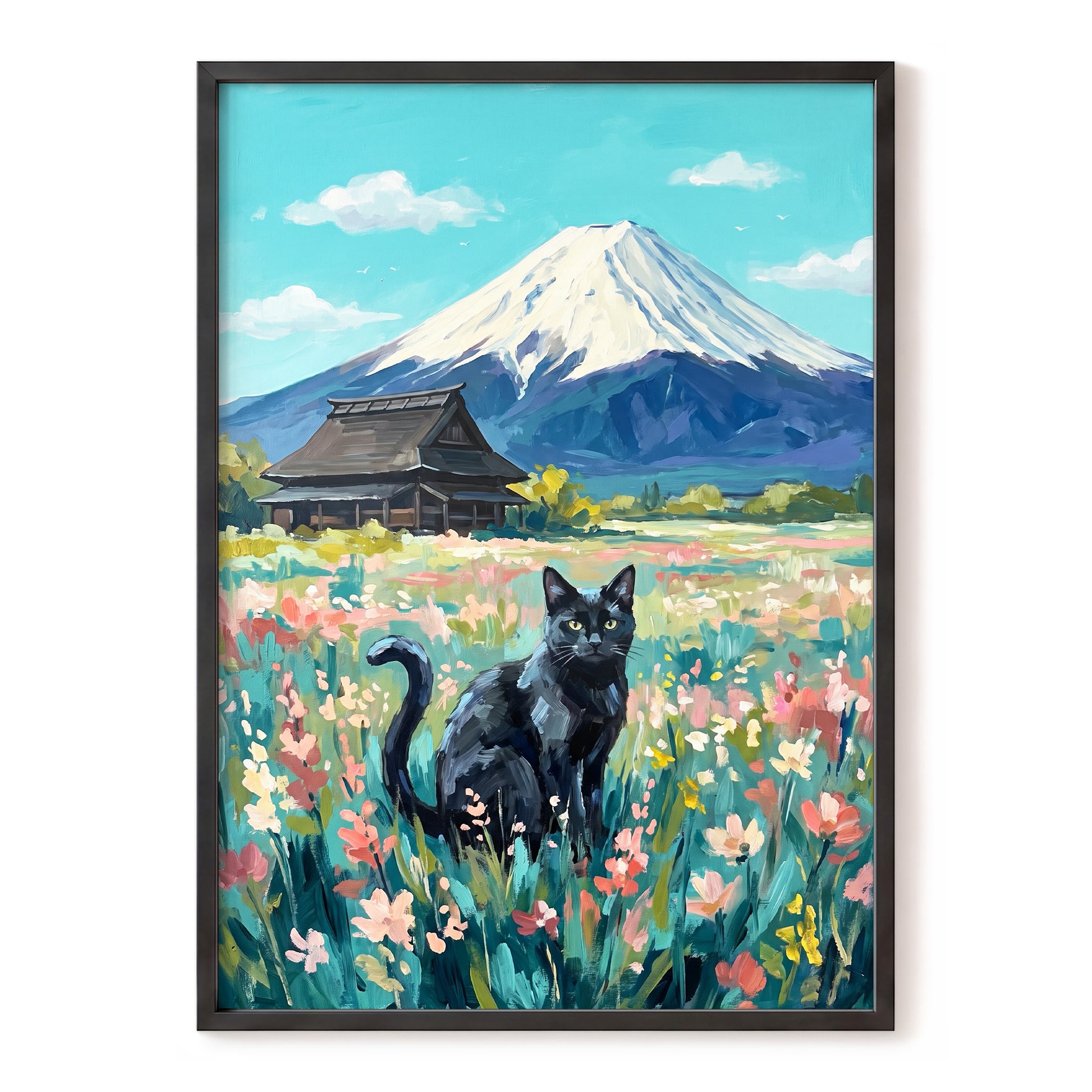 Whiskers Beneath the Peak, blue, green, pink nature wall art, front artwork view