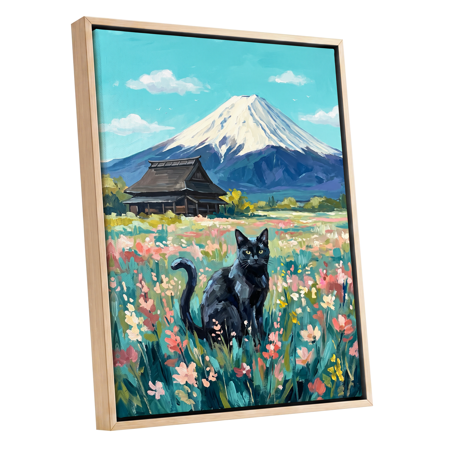 Whiskers Beneath the Peak, blue, green, pink nature wall art shown as a oak framed canvas wall art