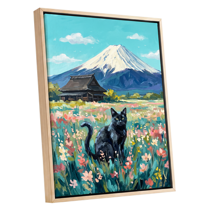 Whiskers Beneath the Peak, blue, green, pink nature wall art shown as a oak framed canvas wall art