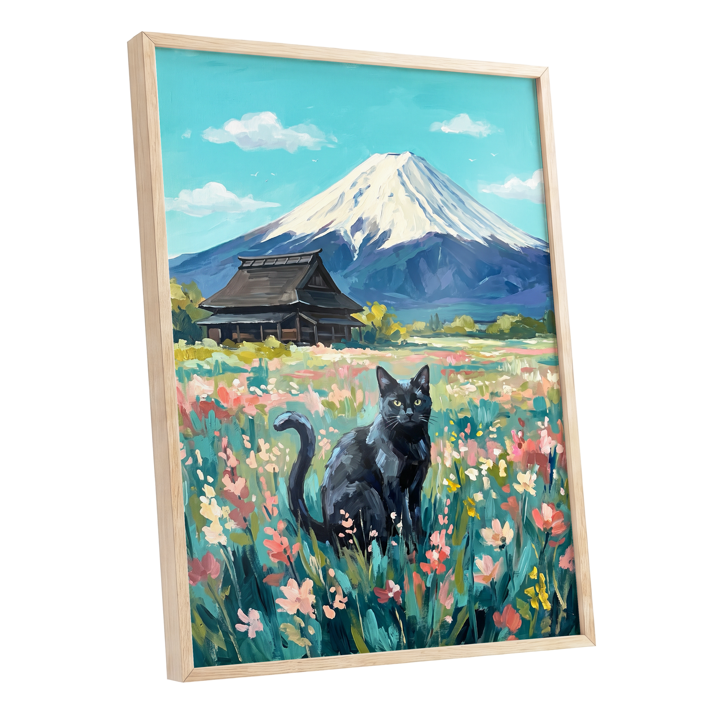 Whiskers Beneath the Peak, blue, green, pink nature wall art shown as a oak framed poster wall art print