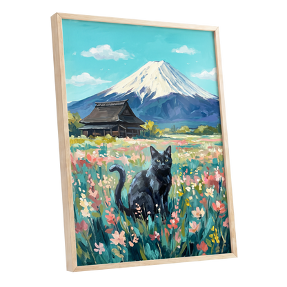 Whiskers Beneath the Peak, blue, green, pink nature wall art shown as a oak framed poster wall art print