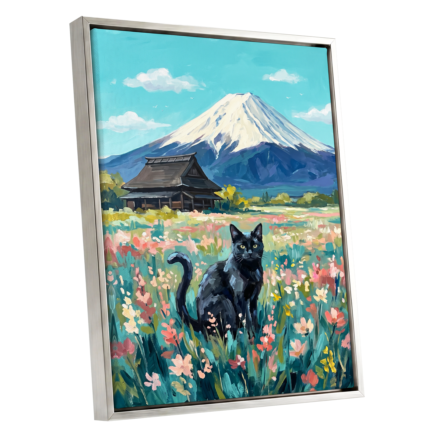 Whiskers Beneath the Peak, blue, green, pink nature wall art shown as a silver framed canvas wall art