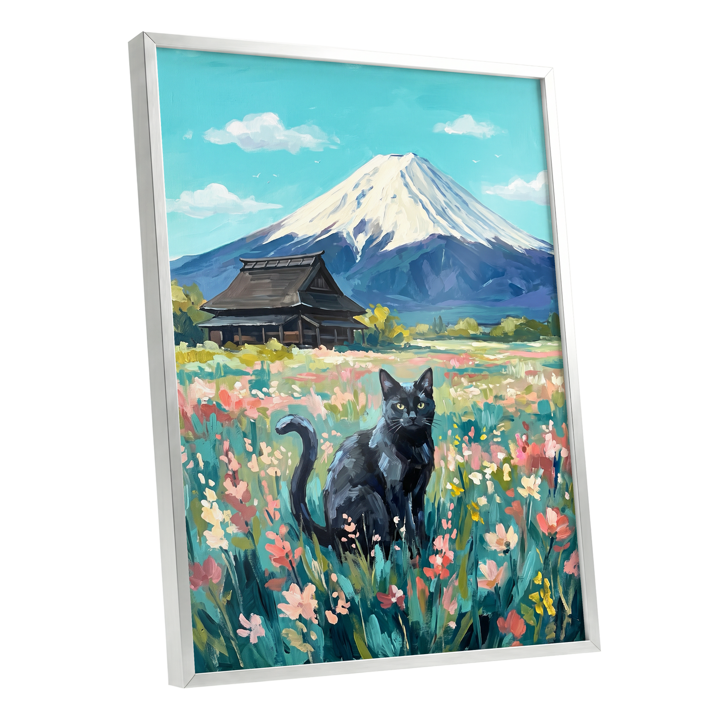 Whiskers Beneath the Peak, blue, green, pink nature wall art shown as a silver framed poster wall art print