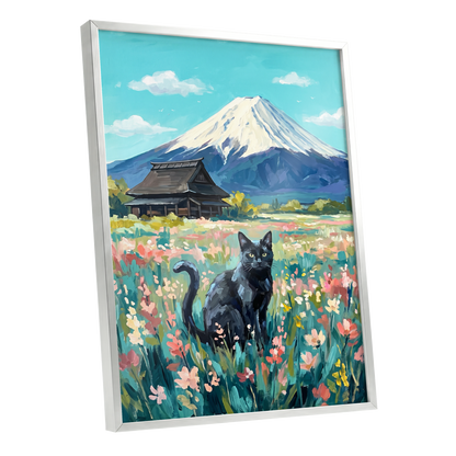 Whiskers Beneath the Peak, blue, green, pink nature wall art shown as a silver framed poster wall art print