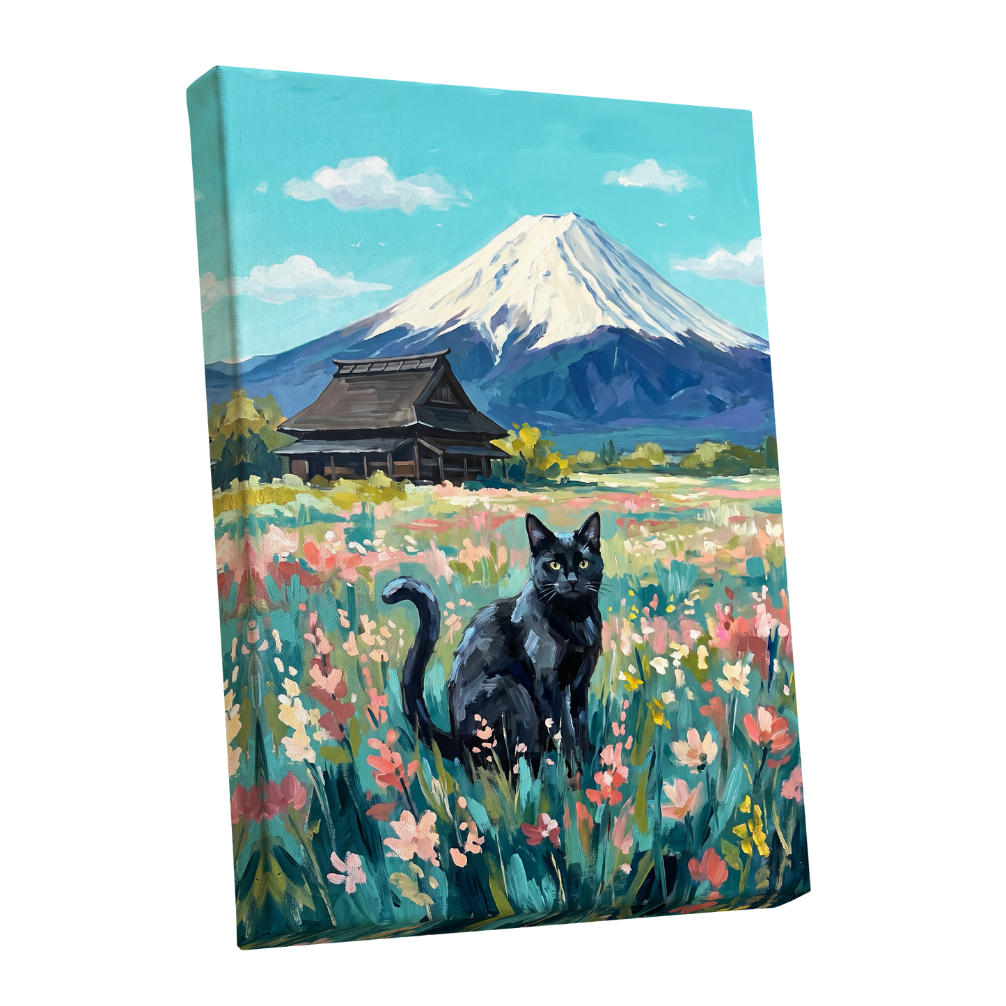 Whiskers Beneath the Peak, blue, green, pink nature wall art shown as a stretched canvas wall art