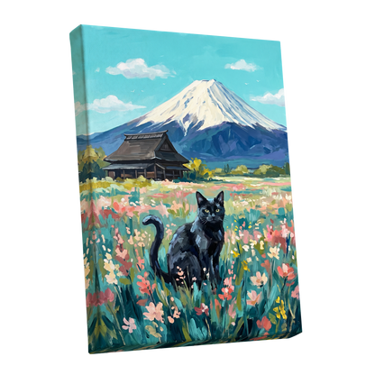 Whiskers Beneath the Peak, blue, green, pink nature wall art shown as a stretched canvas wall art