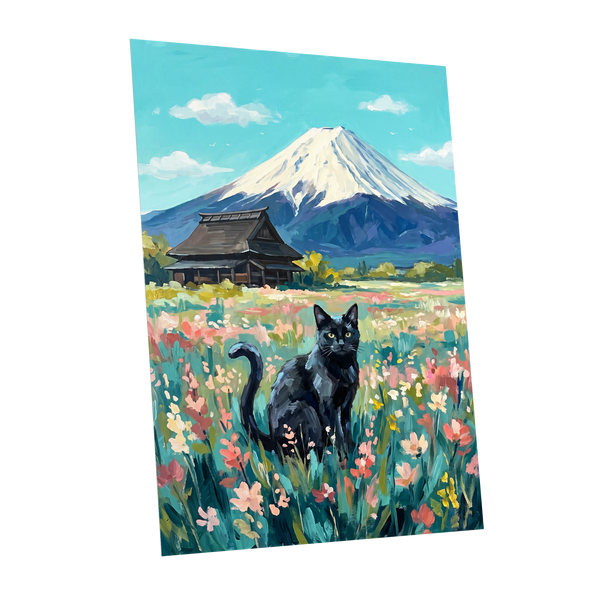 Whiskers Beneath the Peak, blue, green, pink nature wall art shown as a unframed poster wall art print