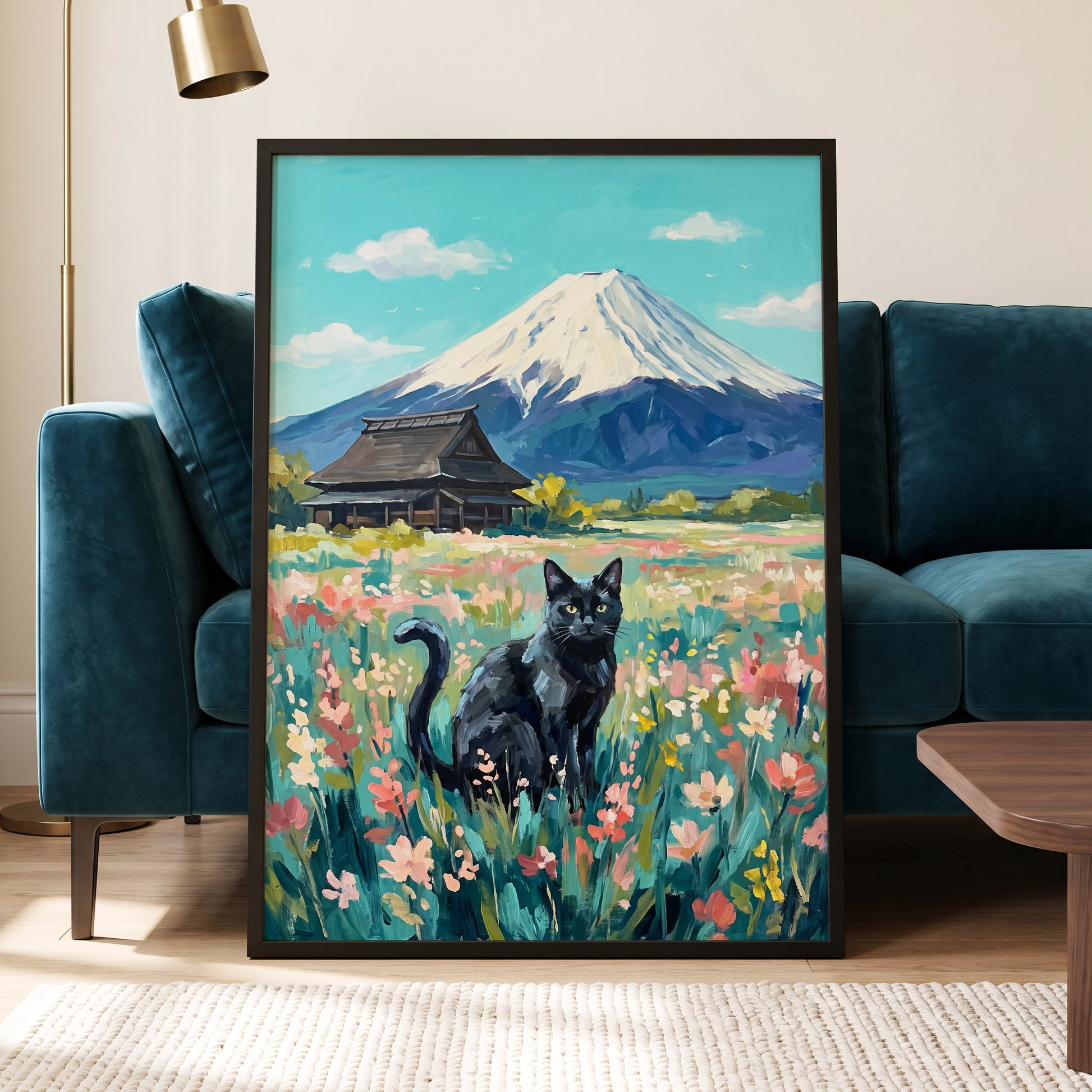 Whiskers Beneath the Peak, blue, green, pink nature wall art displayed in a styled interior, gallery view 2