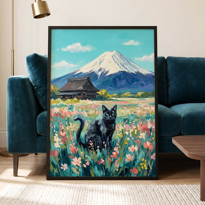 Whiskers Beneath the Peak, blue, green, pink nature wall art displayed in a styled interior, gallery view 2