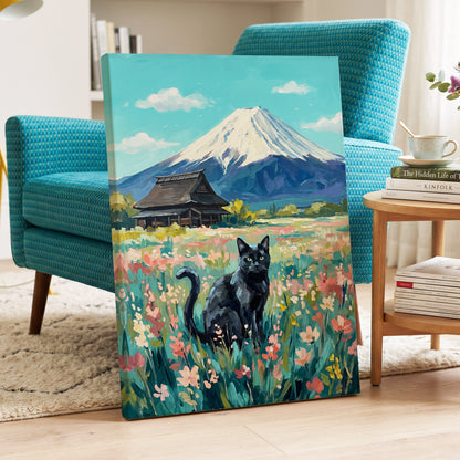 Whiskers Beneath the Peak, blue, green, pink nature wall art displayed in a styled interior, gallery view 3