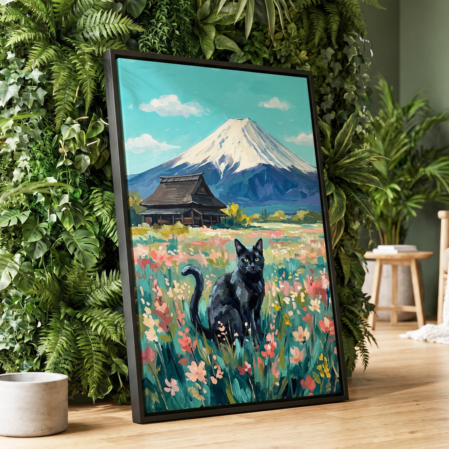 Whiskers Beneath the Peak, blue, green, pink nature wall art displayed in a styled interior, gallery view 4