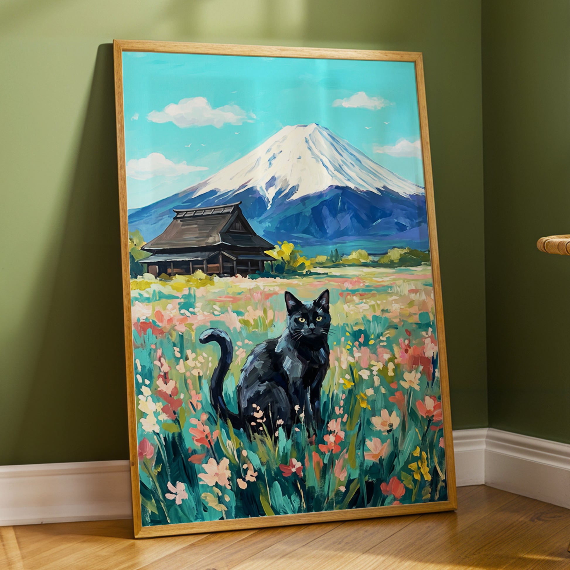 Whiskers Beneath the Peak, blue, green, pink nature wall art displayed in a styled interior, gallery view 6