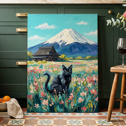 Whiskers Beneath the Peak, blue, green, pink nature wall art displayed in a styled interior, gallery view 7