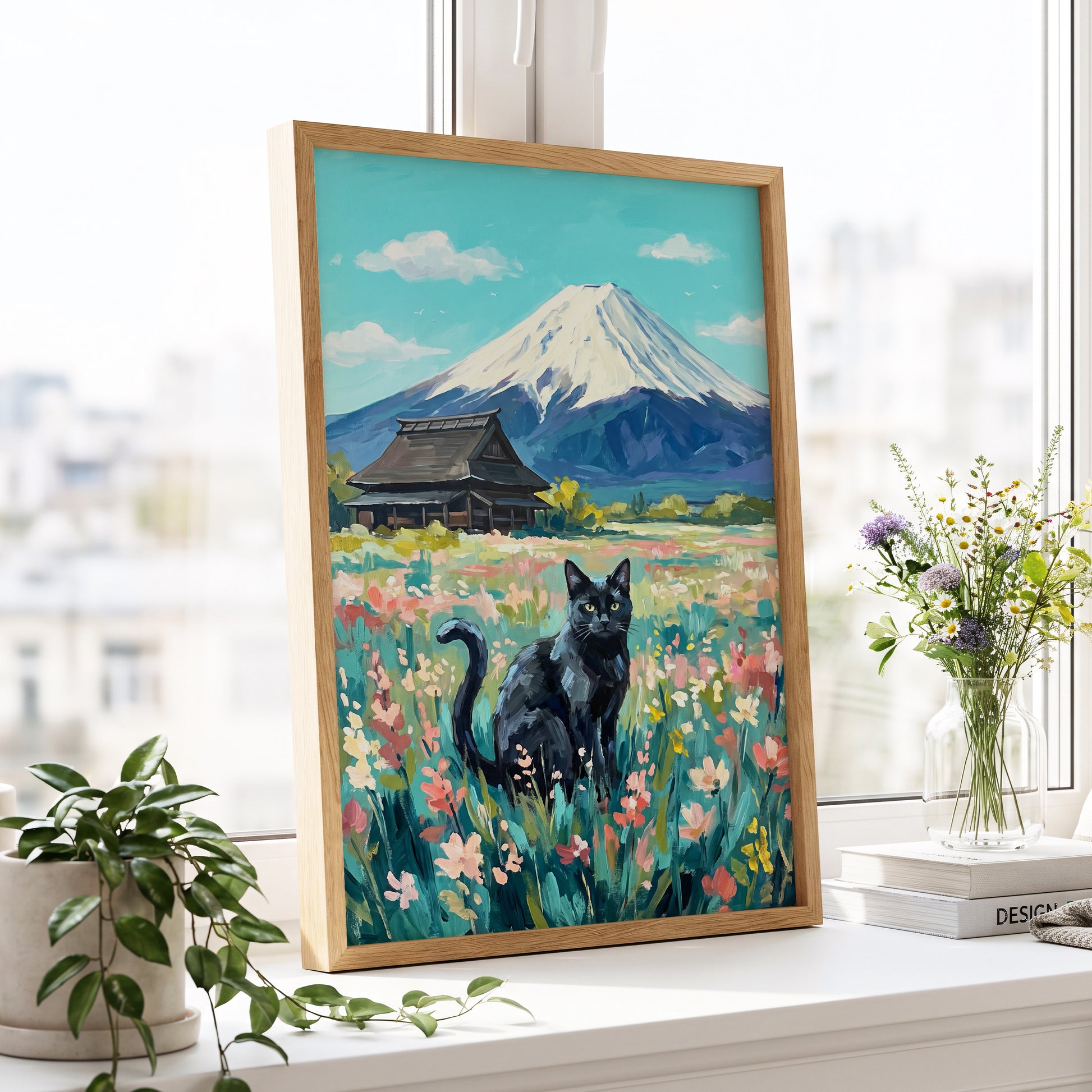 Whiskers Beneath the Peak, blue, green, pink nature wall art displayed in a styled interior, gallery view 9